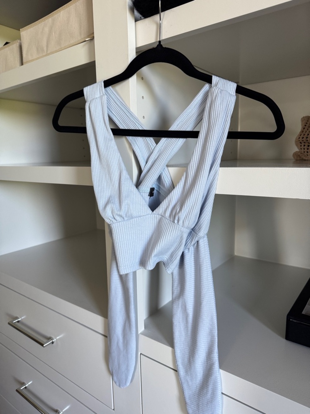 Light Blue Ribbed Cross-Back Crop Top
